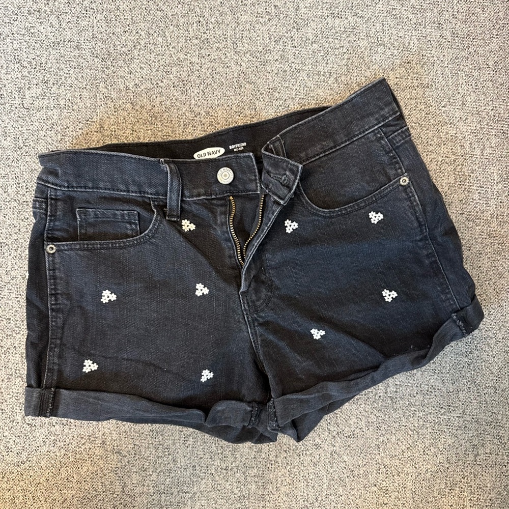 Old Navy Black Denim Shorts with White Embroidery